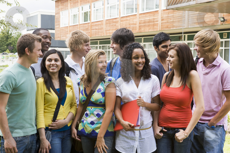 To use this stock image in your creative project, please select the size you need over to the right and click the "Add to Cart" button.
Your downloaded image will come with the Cutcaster watermark removed so don’t worry about the watermark you see on this page. Group of college students on campus stock photo, by Monkey Business Images
