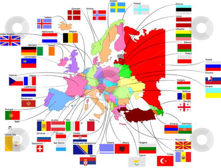 To use this stock image in your creative project, please select the size you need over to the right and click the "Add to Cart" button.
Your downloaded image will come with the Cutcaster watermark removed so don’t worry about the watermark you see on this page. Map of Europe stock vector clipart, Map of Europe with country flags by Leonid Dorfman
