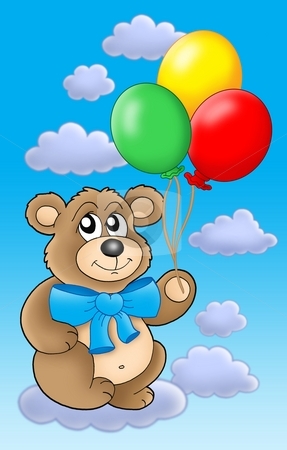 To use this stock image in your creative project, please select the size you need over to the right and click the "Add to Cart" button.
Your downloaded image will come with the Cutcaster watermark removed so don’t worry about the watermark you see on this page. Teddy bear with color balloons on blue sky. stock photo, Teddy bear with color balloons on blue skye - color illustration. by Klara Viskova
