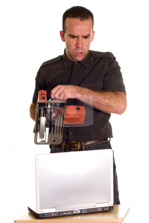 To use this stock image in your creative project, please select the size you need over to the right and click the "Add to Cart" button.
Your downloaded image will come with the Cutcaster watermark removed so don’t worry about the watermark you see on this page. Technical Support stock photo, An angry employee giving some technical support with a power saw by Richard Nelson