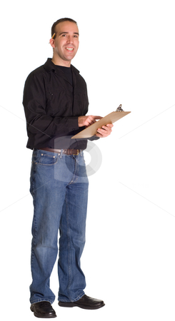 To use this stock image in your creative project, please select the size you need over to the right and click the "Add to Cart" button.
Your downloaded image will come with the Cutcaster watermark removed so don’t worry about the watermark you see on this page. Man With Clipboard stock photo, Full body view of a man with a clipboard, isolated against a white background by Richard Nelson