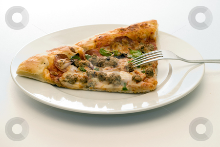 To use this stock image in your creative project, please select the size you need over to the right and click the "Add to Cart" button.
Your downloaded image will come with the Cutcaster watermark removed so don’t worry about the watermark you see on this page. Supper stock photo, Some cold pizza on a plate along with a metal fork by Richard Nelson