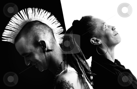 To use this stock image in your creative project, please select the size you need over to the right and click the "Add to Cart" button.
Your downloaded image will come with the Cutcaster watermark removed so don’t worry about the watermark you see on this page. Man with Mohawk and Woman with Dreadlocks stock photo, Caucasian Man with Mohawk and African-American Woman with Dreadlocks by Scott Griessel