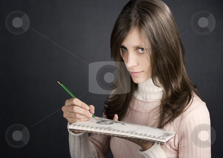 To use this stock image in your creative project, please select the size you need over to the right and click the "Add to Cart" button.
Your downloaded image will come with the Cutcaster watermark removed so don’t worry about the watermark you see on this page. Pretty Artist stock photo, Pretty female artist with pencil and drawing pad by Scott Griessel