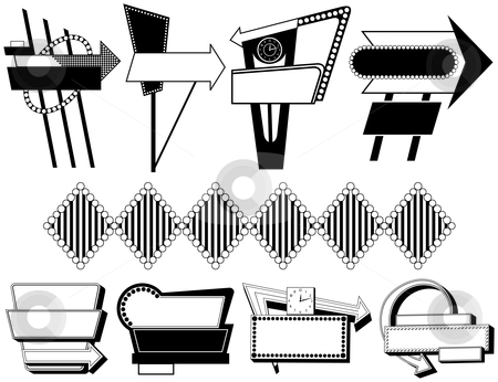 To use this stock image in your creative project, please select the size you need over to the right and click the "Add to Cart" button.
Your downloaded image will come with the Cutcaster watermark removed so don’t worry about the watermark you see on this page. Nine Retro Advertising Signs stock vector clipart, Nine Black and White Retro Advertising Signs by Adrian Sawvel