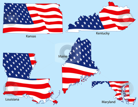 To use this stock image in your creative project, please select the size you need over to the right and click the "Add to Cart" button.
Your downloaded image will come with the Cutcaster watermark removed so don’t worry about the watermark you see on this page. Five States with Flags stock vector clipart, Kansas, Kentucky, Louisiana, Maine and Maryland outlines with flags, each individually grouped by Adrian Sawvel