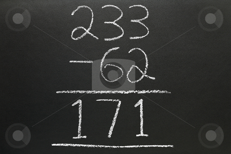 To use this stock image in your creative project, please select the size you need over to the right and click the "Add to Cart" button.
Your downloaded image will come with the Cutcaster watermark removed so don’t worry about the watermark you see on this page. A basic subtraction sum written on a blackboard. stock photo, A basic subtraction sum written on a blackboard. by Stephen Rees
