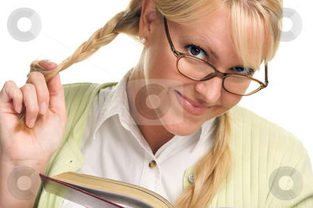 To use this stock image in your creative project, please select the size you need over to the right and click the "Add to Cart" button.
Your downloaded image will come with the Cutcaster watermark removed so don’t worry about the watermark you see on this page. Female With Ponytails Reads Her Book stock photo, Female With Ponytails Reads Her Book isolated on a White Background. by Andy Dean