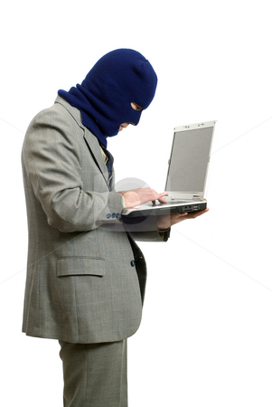 To use this stock image in your creative project, please select the size you need over to the right and click the "Add to Cart" button.
Your downloaded image will come with the Cutcaster watermark removed so don’t worry about the watermark you see on this page. Computer Thief stock photo, A computer thief wearing a business suit is stealing private information by Richard Nelson