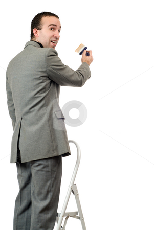 To use this stock image in your creative project, please select the size you need over to the right and click the "Add to Cart" button.
Your downloaded image will come with the Cutcaster watermark removed so don’t worry about the watermark you see on this page. Painting Businessman stock photo, A young businessman standing on a ladder and painting something, isolated against a white background by Richard Nelson