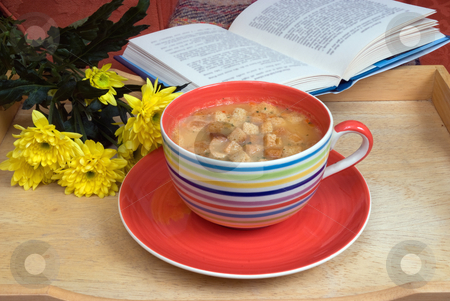 To use this stock image in your creative project, please select the size you need over to the right and click the "Add to Cart" button.
Your downloaded image will come with the Cutcaster watermark removed so don’t worry about the watermark you see on this page. Comforting stock photo, A large cup with soup on a tray by Paul Phillips