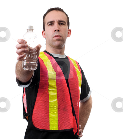 To use this stock image in your creative project, please select the size you need over to the right and click the "Add to Cart" button.
Your downloaded image will come with the Cutcaster watermark removed so don’t worry about the watermark you see on this page. Recyle Man stock photo, A man wearing a reflective vest holding an empty water bottle, isolated against a white background by Richard Nelson