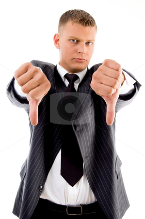 To use this stock image in your creative project, please select the size you need over to the right and click the "Add to Cart" button.
Your downloaded image will come with the Cutcaster watermark removed so don’t worry about the watermark you see on this page. Standing professional with thumbs down stock photo, Standing professional with thumbs down with white background by Imagery Majestic