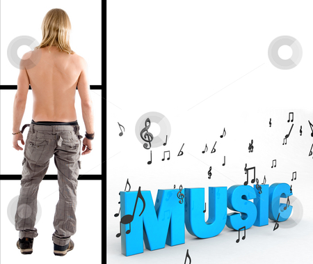 To use this stock image in your creative project, please select the size you need over to the right and click the "Add to Cart" button.
Your downloaded image will come with the Cutcaster watermark removed so don’t worry about the watermark you see on this page. Shirtless man with three dimensional music text stock photo, Back pose of shirtless man with three dimensional music text by Imagery Majestic
