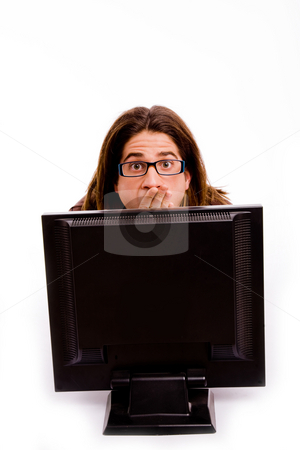 To use this stock image in your creative project, please select the size you need over to the right and click the "Add to Cart" button.
Your downloaded image will come with the Cutcaster watermark removed so don’t worry about the watermark you see on this page. Front view of thinking man with monitor stock photo, Front view of thinking man with monitor with white background by Imagery Majestic