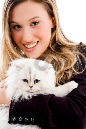 To use this stock image in your creative project, please select the size you need over to the right and click the "Add to Cart" button.
Your downloaded image will come with the Cutcaster watermark removed so don’t worry about the watermark you see on this page. Female smiling and posing with cat stock photo, Female smiling and posing with cat on an isolated white background by Imagery Majestic