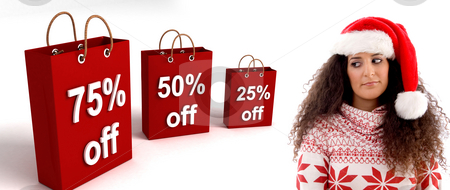 To use this stock image in your creative project, please select the size you need over to the right and click the "Add to Cart" button.
Your downloaded image will come with the Cutcaster watermark removed so don’t worry about the watermark you see on this page. Woman wearing christmas hat posing with shopping bag stock photo, Woman wearing christmas hat posing with three dimensional shopping bag by Imagery Majestic