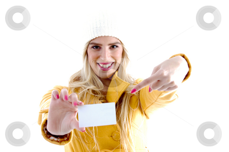 To use this stock image in your creative project, please select the size you need over to the right and click the "Add to Cart" button.
Your downloaded image will come with the Cutcaster watermark removed so don’t worry about the watermark you see on this page. Front view of smiling woman pointing towards business card stock photo, Front view of smiling woman pointing towards business card on an isolated white background by Imagery Majestic