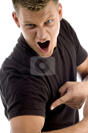 To use this stock image in your creative project, please select the size you need over to the right and click the "Add to Cart" button.
Your downloaded image will come with the Cutcaster watermark removed so don’t worry about the watermark you see on this page. Man pointing his muscles stock photo, Man pointing his muscles on an isolated background by Imagery Majestic