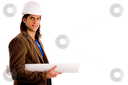 To use this stock image in your creative project, please select the size you need over to the right and click the "Add to Cart" button.
Your downloaded image will come with the Cutcaster watermark removed so don’t worry about the watermark you see on this page. Portrait of architect holding blueprints stock photo, Portrait of architect holding blueprint against white background by Imagery Majestic