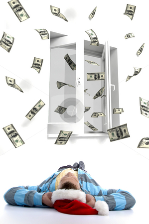 To use this stock image in your creative project, please select the size you need over to the right and click the "Add to Cart" button.
Your downloaded image will come with the Cutcaster watermark removed so don’t worry about the watermark you see on this page. Man with christmas hat watching flying dollars stock photo, Laying man christmas hat watching three dimensional flying dollars out of a window by Imagery Majestic