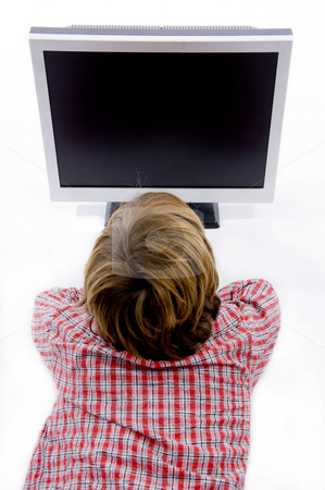 To use this stock image in your creative project, please select the size you need over to the right and click the "Add to Cart" button.
Your downloaded image will come with the Cutcaster watermark removed so don’t worry about the watermark you see on this page. Watching tv stock photo, Top view of boy watching tv on an isolated background by Imagery Majestic