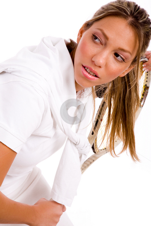To use this stock image in your creative project, please select the size you need over to the right and click the "Add to Cart" button.
Your downloaded image will come with the Cutcaster watermark removed so don’t worry about the watermark you see on this page. Close view of woman with tennis racket stock photo, Close view of woman with tennis racket on an isolated white background by Imagery Majestic