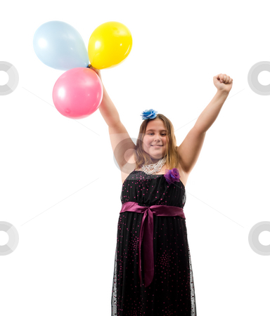 To use this stock image in your creative project, please select the size you need over to the right and click the "Add to Cart" button.
Your downloaded image will come with the Cutcaster watermark removed so don’t worry about the watermark you see on this page. Happy Birthday stock photo, A happy birthday girl with her arms in the air and holding three colored balloons, isolated against a white background by Richard Nelson