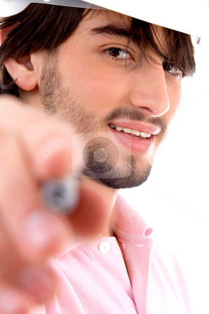 To use this stock image in your creative project, please select the size you need over to the right and click the "Add to Cart" button.
Your downloaded image will come with the Cutcaster watermark removed so don’t worry about the watermark you see on this page. Handsome architect showing pen stock photo, Handsome architect showing pen on an isolated white background by Imagery Majestic