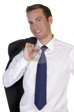 To use this stock image in your creative project, please select the size you need over to the right and click the "Add to Cart" button.
Your downloaded image will come with the Cutcaster watermark removed so don’t worry about the watermark you see on this page. Portrait of businessman standing with his coat stock photo, Portrait of businessman standing with his coat with white background by Imagery Majestic