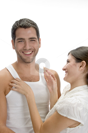 To use this stock image in your creative project, please select the size you need over to the right and click the "Add to Cart" button.
Your downloaded image will come with the Cutcaster watermark removed so don’t worry about the watermark you see on this page. Laughing romantic couple stock photo, Laughing romantic couple against white background by Imagery Majestic