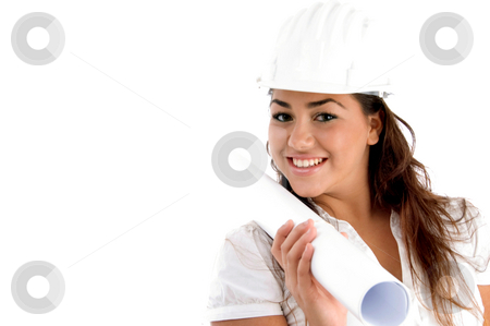 To use this stock image in your creative project, please select the size you need over to the right and click the "Add to Cart" button.
Your downloaded image will come with the Cutcaster watermark removed so don’t worry about the watermark you see on this page. Young architect holding blue prints on her shoulder stock photo, Young architect holding blue prints on her shoulder with white background by Imagery Majestic