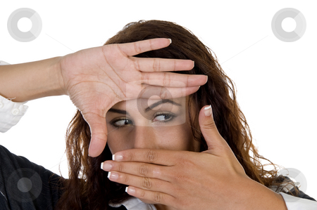 To use this stock image in your creative project, please select the size you need over to the right and click the "Add to Cart" button.
Your downloaded image will come with the Cutcaster watermark removed so don’t worry about the watermark you see on this page. Woman with hand frame stock photo, Woman with hand frame against white background by Imagery Majestic