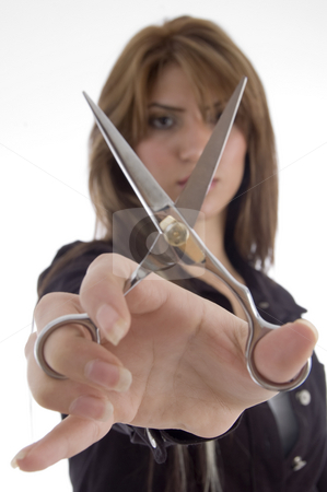 To use this stock image in your creative project, please select the size you need over to the right and click the "Add to Cart" button.
Your downloaded image will come with the Cutcaster watermark removed so don’t worry about the watermark you see on this page. Female showing scissor stock photo, Female showing scissor on an isolated white background by Imagery Majestic