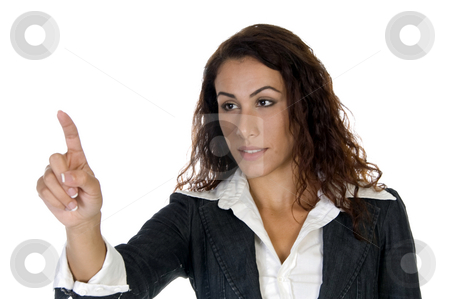 To use this stock image in your creative project, please select the size you need over to the right and click the "Add to Cart" button.
Your downloaded image will come with the Cutcaster watermark removed so don’t worry about the watermark you see on this page. Lady indicating stock photo, Lady indicating something with white background by Imagery Majestic