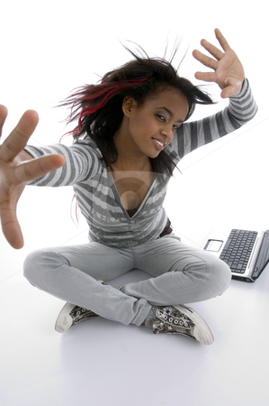 To use this stock image in your creative project, please select the size you need over to the right and click the "Add to Cart" button.
Your downloaded image will come with the Cutcaster watermark removed so don’t worry about the watermark you see on this page. Sitting girl posing stock photo, Sitting girl posing on an isolated white background by Imagery Majestic