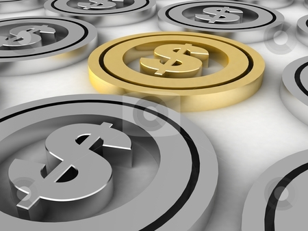 To use this stock image in your creative project, please select the size you need over to the right and click the "Add to Cart" button.
Your downloaded image will come with the Cutcaster watermark removed so don’t worry about the watermark you see on this page. Dollar coins stock photo, Three dimensional dollar coins by Imagery Majestic