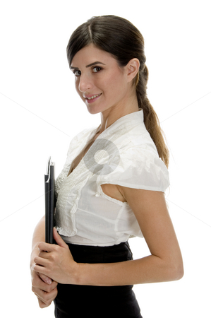 To use this stock image in your creative project, please select the size you need over to the right and click the "Add to Cart" button.
Your downloaded image will come with the Cutcaster watermark removed so don’t worry about the watermark you see on this page. Side view of smiling lady with files stock photo, Side view of smiling lady with files on an isolated background by Imagery Majestic