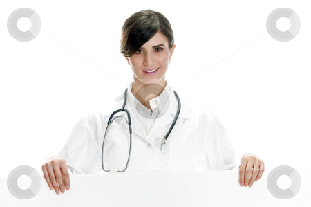 To use this stock image in your creative project, please select the size you need over to the right and click the "Add to Cart" button.
Your downloaded image will come with the Cutcaster watermark removed so don’t worry about the watermark you see on this page. Lady doctor standing with placard stock photo, Lady doctor standing with placard with white background by Imagery Majestic