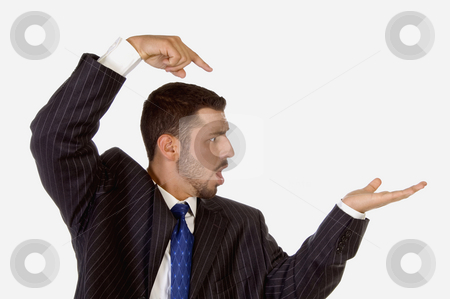 To use this stock image in your creative project, please select the size you need over to the right and click the "Add to Cart" button.
Your downloaded image will come with the Cutcaster watermark removed so don’t worry about the watermark you see on this page. Surprised businessman pointing his palm stock photo, Surprised businessman pointing his palm on an isolated white background by Imagery Majestic