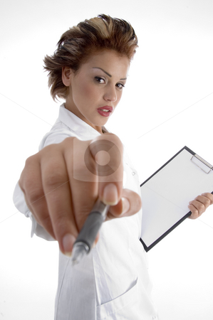 To use this stock image in your creative project, please select the size you need over to the right and click the "Add to Cart" button.
Your downloaded image will come with the Cutcaster watermark removed so don’t worry about the watermark you see on this page. Doctor with writing board stock photo, Doctor with writing board on a white background by Imagery Majestic