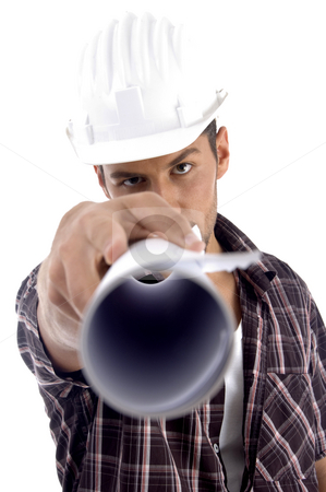 To use this stock image in your creative project, please select the size you need over to the right and click the "Add to Cart" button.
Your downloaded image will come with the Cutcaster watermark removed so don’t worry about the watermark you see on this page. Young architect giving close up view of his blue prints stock photo, Young architect giving close up view of his blue prints against white background by Imagery Majestic
