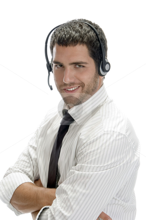 To use this stock image in your creative project, please select the size you need over to the right and click the "Add to Cart" button.
Your downloaded image will come with the Cutcaster watermark removed so don’t worry about the watermark you see on this page. Smiling businessman posing with headset stock photo, Smiling businessman posing with headset against white background by Imagery Majestic