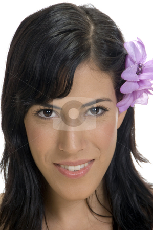 To use this stock image in your creative project, please select the size you need over to the right and click the "Add to Cart" button.
Your downloaded image will come with the Cutcaster watermark removed so don’t worry about the watermark you see on this page. Portrait of smiling woman with flower in her hair stock photo, Portrait of smiling woman with flower in her hair by Imagery Majestic
