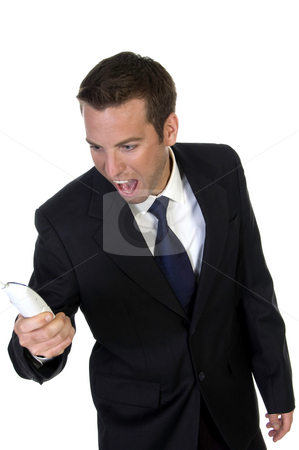 To use this stock image in your creative project, please select the size you need over to the right and click the "Add to Cart" button.
Your downloaded image will come with the Cutcaster watermark removed so don’t worry about the watermark you see on this page. Man shouting on his mobile phone stock photo, Man shouting on his mobile phone on an isolated white background by Imagery Majestic