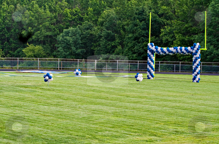 To use this stock image in your creative project, please select the size you need over to the right and click the "Add to Cart" button.
Your downloaded image will come with the Cutcaster watermark removed so don’t worry about the watermark you see on this page. Goal Post and Balloons stock photo, A High School football field with goal posts decorated with balloons. The field decorations are preparations for a graduation ceremony. by Stephen Bonk