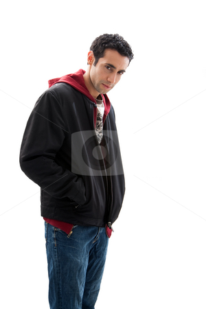To use this stock image in your creative project, please select the size you need over to the right and click the "Add to Cart" button.
Your downloaded image will come with the Cutcaster watermark removed so don’t worry about the watermark you see on this page. Mischievous guy stock photo, Cool handsome mischievous male wearing a red hoodie, black coat and jeans, with hands in pocket and head down, isolated by Paul Hakimata