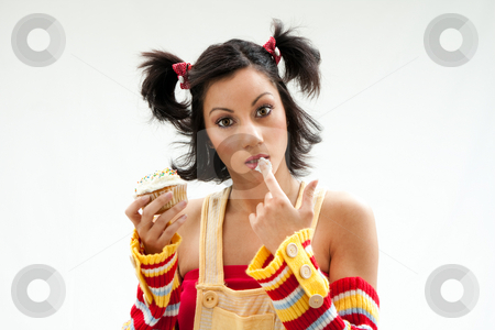 To use this stock image in your creative project, please select the size you need over to the right and click the "Add to Cart" button.
Your downloaded image will come with the Cutcaster watermark removed so don’t worry about the watermark you see on this page. Amazed Cupcake girl stock photo, Beautiful Latina girl with huge eyes open holding a cupcake and licking her finger, isolated by Paul Hakimata