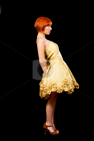 To use this stock image in your creative project, please select the size you need over to the right and click the "Add to Cart" button.
Your downloaded image will come with the Cutcaster watermark removed so don’t worry about the watermark you see on this page. Redhead in yellow dress stock photo, Side profile of a beautiful Caucasian redhead woman in yellow cocktail dress standing leaning backward, isolated by Paul Hakimata