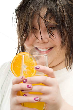 To use this stock image in your creative project, please select the size you need over to the right and click the "Add to Cart" button.
Your downloaded image will come with the Cutcaster watermark removed so don’t worry about the watermark you see on this page. Healthy Drink stock photo, Closeup view of a cute young girl with wet hair, holding a glass of fresh orange juice by Richard Nelson